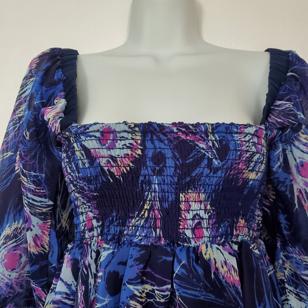 Three Eight Two Dress Size S Blue Peacock Babydoll Art to Wear Sheer Lined USA - Picture 4 of 9